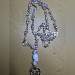 Pink Beaded Necklace with Pentagram Charms